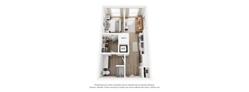 A 3D floor plan of a small apartment with a kitchen, living room, and bathroom.