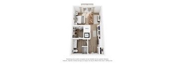 A 3D floor plan of a small apartment with a kitchen, living room, and bathroom.
