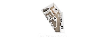 A 3D floor plan of a small apartment with a kitchen, living room, and bathroom.