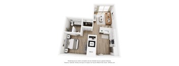 A floor plan of a small apartment with a kitchen, living room, and bathroom.