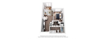 A small apartment with a kitchen, living room, and bathroom.