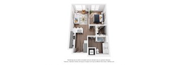 A 3D floor plan of a small apartment with a kitchen, living room, and bathroom.