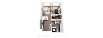 A 3D floor plan of a small apartment with a kitchen, living room, and bathroom.