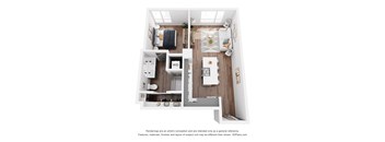 A 3D floor plan of a small apartment with a kitchen, living room, and bedroom.