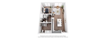 A 3D floor plan of a small apartment with a kitchen, living room, and bathroom.