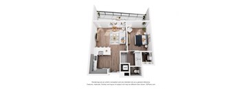 A 3D floor plan of a small apartment with a kitchen, living room, and two bedrooms.