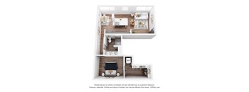 A 3D floor plan of a small apartment with a kitchen, living room, and bedroom.