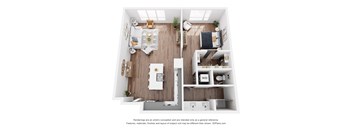 A 3D floor plan of a small apartment with a kitchen, living room, and bedroom.