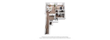 A 3D floor plan of a house with a kitchen, living room, and bedrooms.