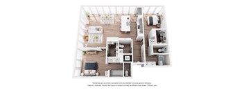 A 3D floor plan of a small apartment with a kitchen, living room, and bedroom.