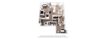 A 3D floor plan of a small apartment with a kitchen, living room, and two bedrooms.