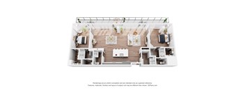 A 3D floor plan of a house with a kitchen, living room, and two bedrooms.