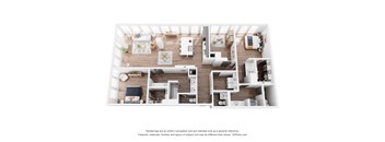 A 3D floor plan of a house with a kitchen, living room, and two bedrooms.