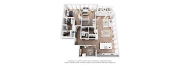 A 3D floor plan of a small apartment with a kitchen, living room, and bedrooms.