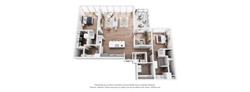 A 3D floor plan of a house with a kitchen, living room, and bedrooms.
