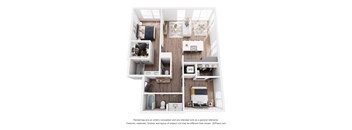 A 3D floor plan of a small apartment with a kitchen, living room, and two bedrooms.