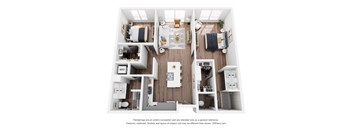 A top-down view of a small apartment with a kitchen, living room, and bedroom.