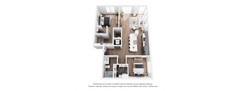 A 3D floor plan of a small apartment with a kitchen, living room, and two bedrooms.