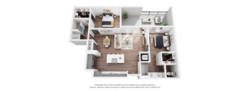 A 3D floor plan of a house with a kitchen, living room, and bedrooms.