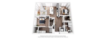 A 3D floor plan of a small apartment with two bedrooms, a living room, and a kitchen.