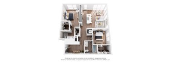 A 3D floor plan of a house with multiple rooms.