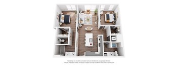 A 3D floor plan of a house with a kitchen, living room, and two bedrooms.