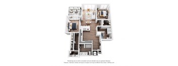 A 3D floor plan of a house with a kitchen, living room, and two bedrooms.