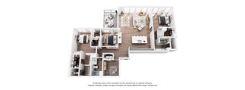 A 3D floor plan of a house with multiple rooms and furniture.