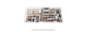 A 3D floor plan of a multi-bedroom apartment.