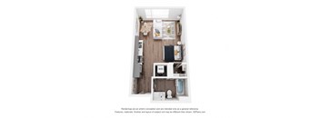 A 3D floor plan of a small apartment with a kitchen, living room, and bathroom.