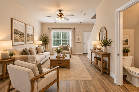 A well-lit, spacious living room with a beige sofa, wooden coffee table, and a ceiling fan.