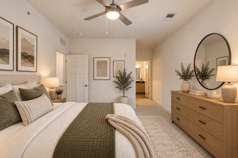 A bedroom with a large bed and a ceiling fan.
