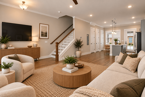 A living room with a staircase and a flat screen TV mounted on the wall.