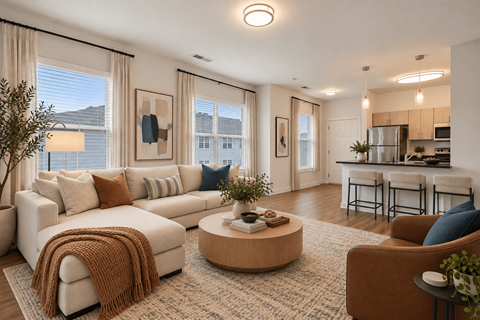 A living room with a white couch and a brown coffee table.