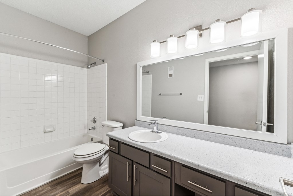 a bathroom with a large mirror and a toilet and sink