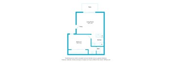 A floor plan of a house with a living room, bedroom, kitchen, bathroom and patio.