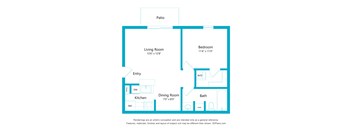A floor plan of a small apartment with a living room, dining room, kitchen, bathroom, and bedroom.