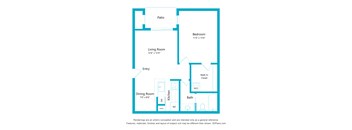A floor plan of a house with a living room, dining room, kitchen, bath, bedroom, and patio.