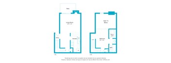 A floor plan of a two-story house with a living room, kitchen, bath, and bedroom.