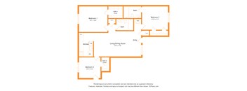 A floor plan of a home with three bedrooms, a living/dining room, a kitchen, and a bathroom.