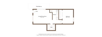 A floor plan of a home with a living/dining room, kitchen, and bath.