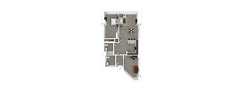 A floor plan of a small apartment with a kitchen, living room, and bedrooms.