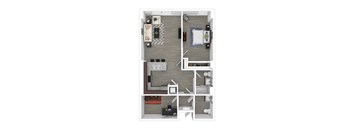 A floor plan of a two-story apartment with a living room, kitchen, dining room, and bedrooms.