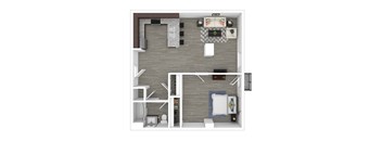 A top-down view of a small apartment with a bed, a couch, a TV, and a kitchenette.