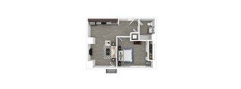 A top-down view of a modern apartment layout with a living room, kitchen, and bedroom.