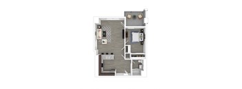 A top-down view of a small apartment with a bedroom, living room, and kitchen.
