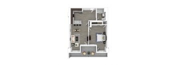 A top down view of a small apartment with a kitchen, living room, and bathroom.