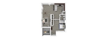 A top-down view of a small apartment with a kitchen, living room, and bedroom.