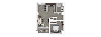 A top-down view of a modern apartment layout with a living room, kitchen, and bedroom.