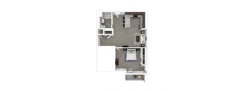 A top-down view of a small apartment with a bedroom and a living area.